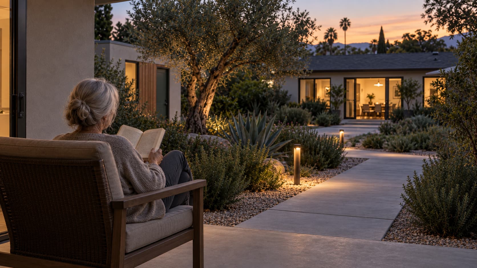 An older woman reading on the porch of her ADU at dusk with the main house visible across the yard